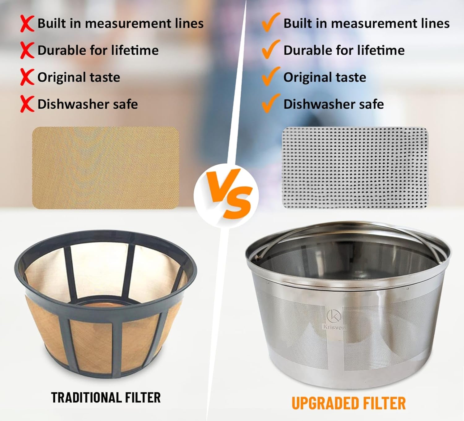 Cesta de filtro de café reutilizable con líneas de medición, filtro de café de metal permanente de acero inoxidable, compatible con muchas cafeteras
