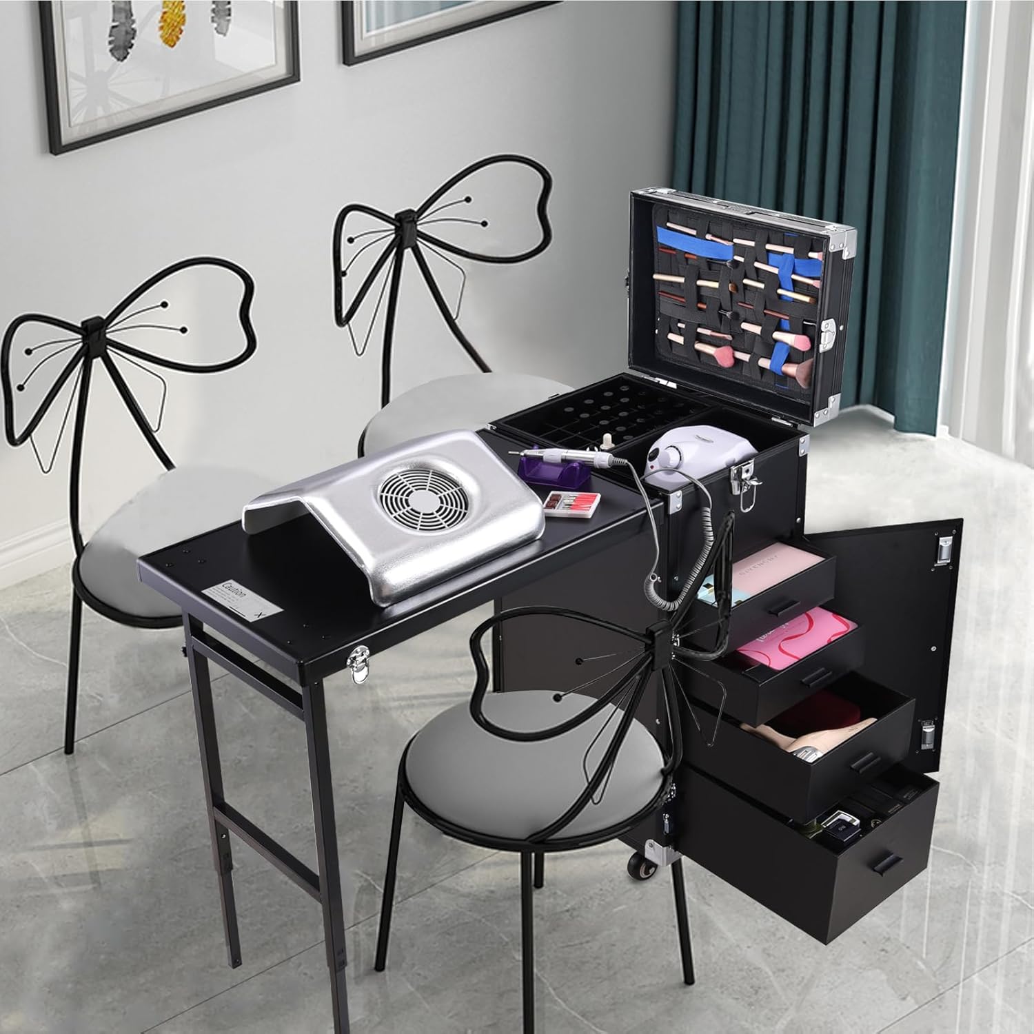 Mesa de manicura rodante, escritorio de uñas, estuche de tren de maquillaje, carrito de cosméticos de viaje para técnico, salón de maquillaje con 4