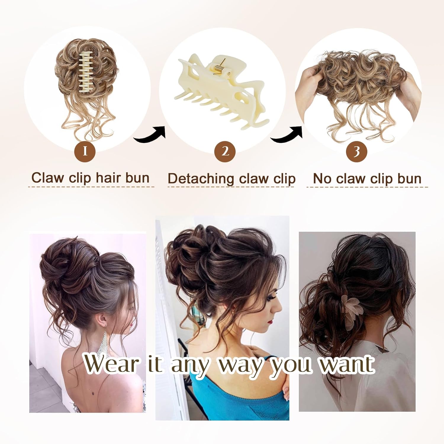 Extensiones de cabello con clip de moño desordenado para mujer, extensiones de cabello castaño con clip de garra para mujer, extensiones de cabello