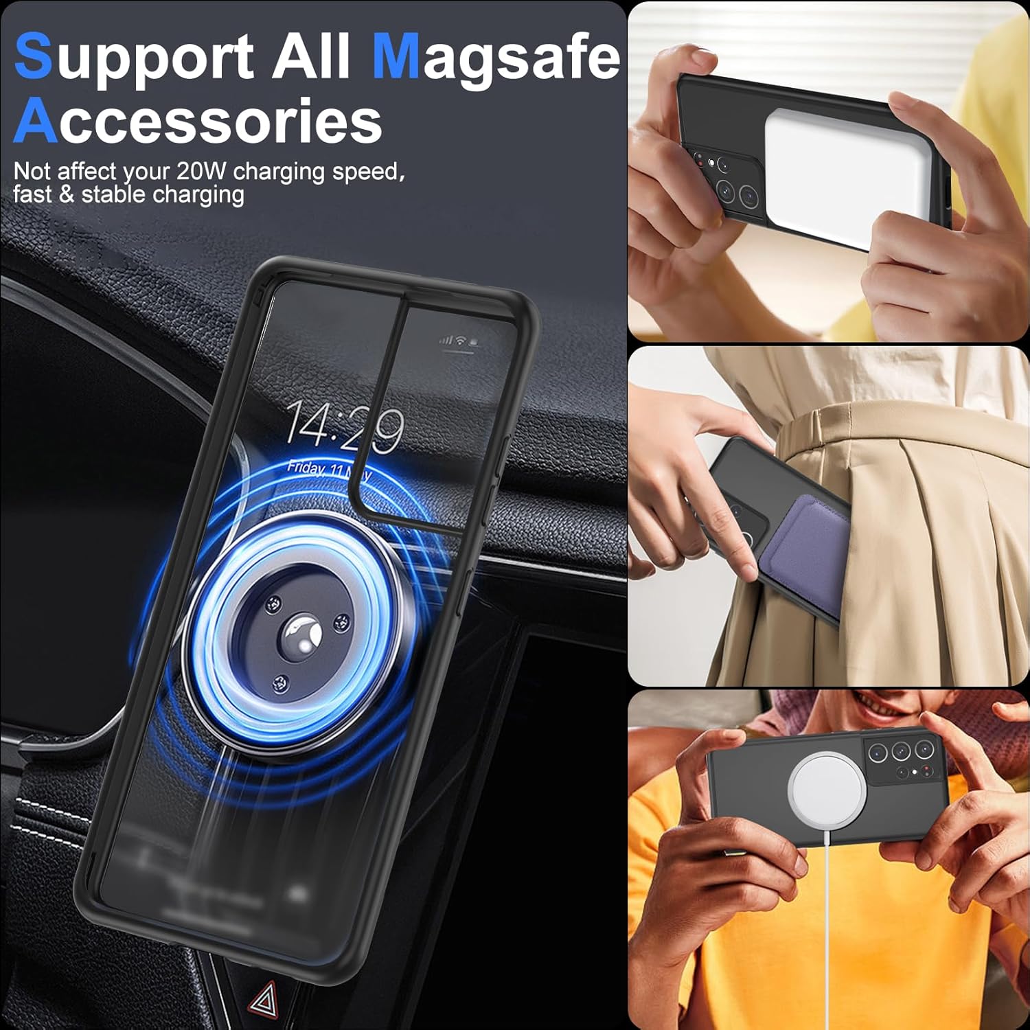 HikerClub Funda magnética para Galaxy S21 Ultra 5G, compatible con cargador inalámbrico Mag Safe, translúcido esmerilado mate, ajuste delgado, funda