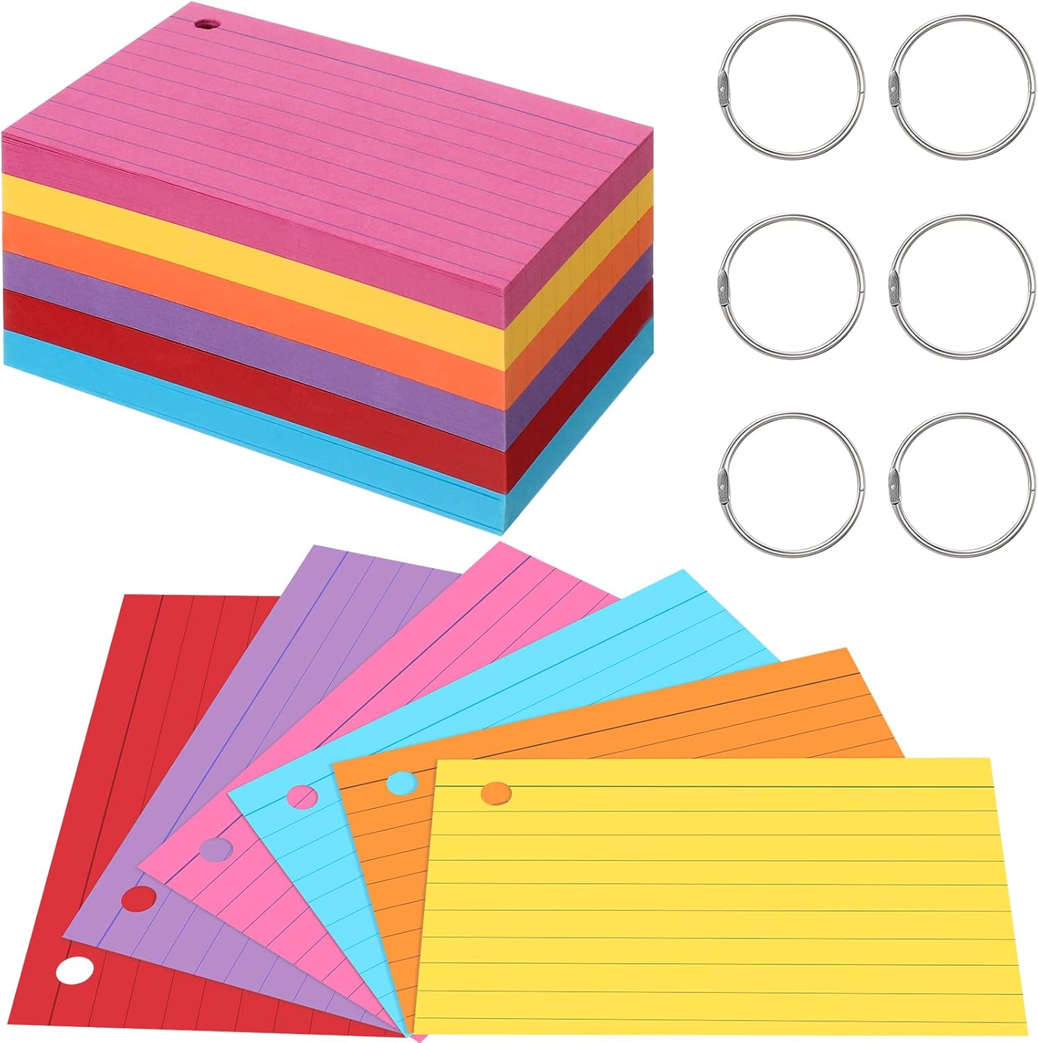 Epakh 300 tarjetas de índice de 180 GSM de grosor con anillos, tarjetas de índice perforadas, tarjetas de índice en un anillo para estudiar tarjetas
