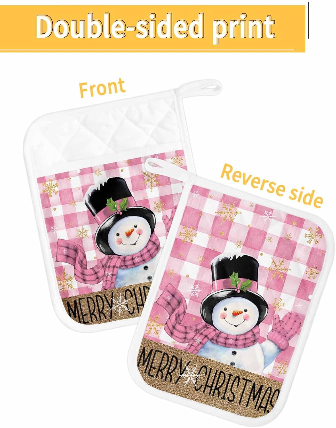 Snowman Pink 4Pcs Pot Holders for Kitchen,Non Slip & Heat Insulation Terry Cloth Potholder Set with Pocket,Thick Hot Pad Oven Mitts Trivet Coaster