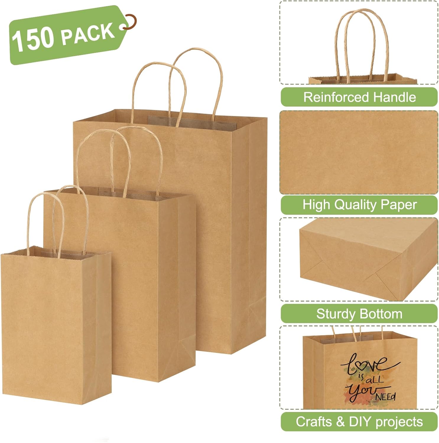 Moretoes 150 bolsas de papel con asas de varios tamaños, bolsas de regalo de papel kraft a granel, bolsas de papel marrón para pequeñas empresas,