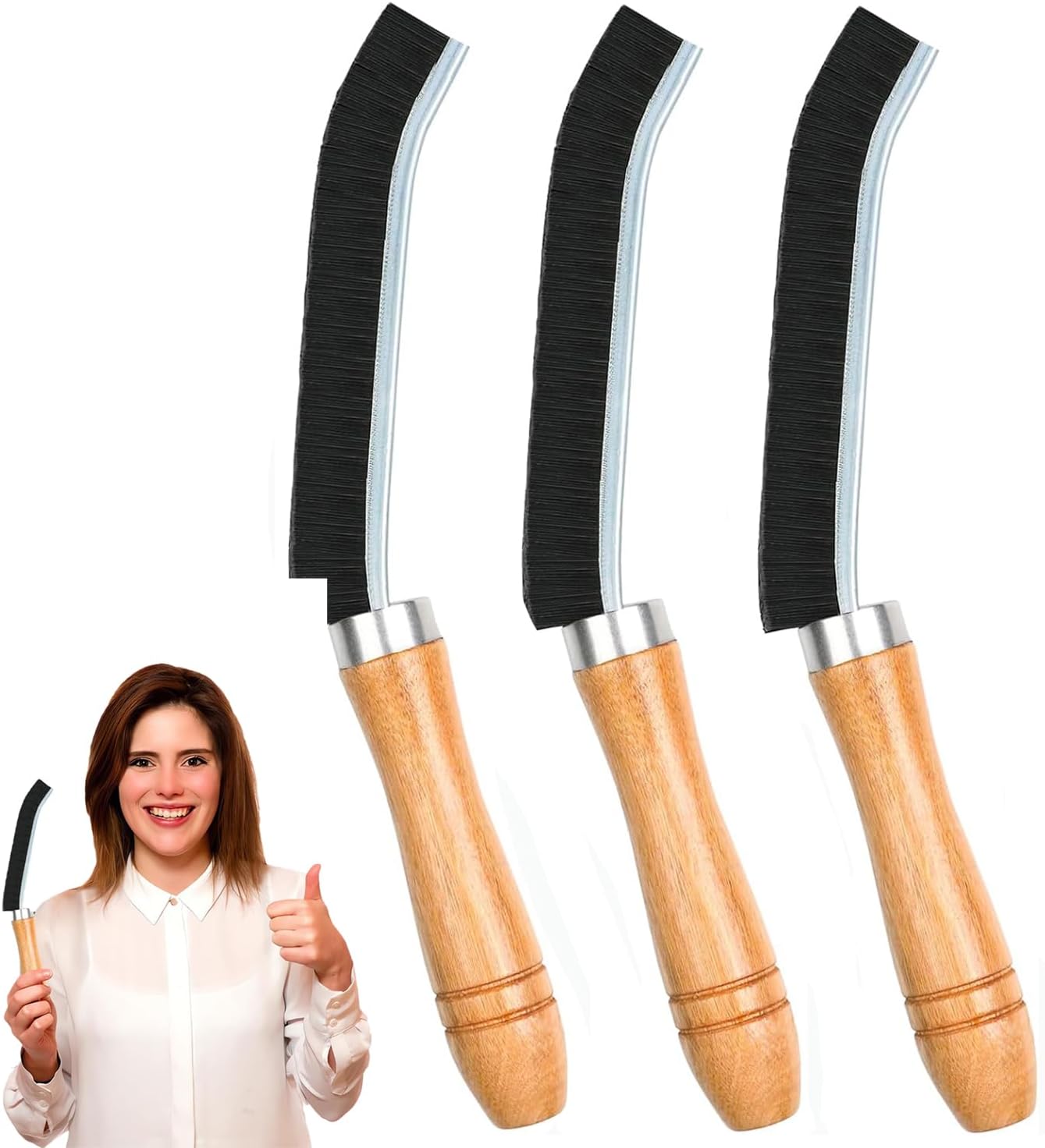 Cepillo de limpieza de hendiduras de 3 piezas, cepillo de limpieza de huecos de mango de madera, herramienta multifuncional de cepillo de limpieza