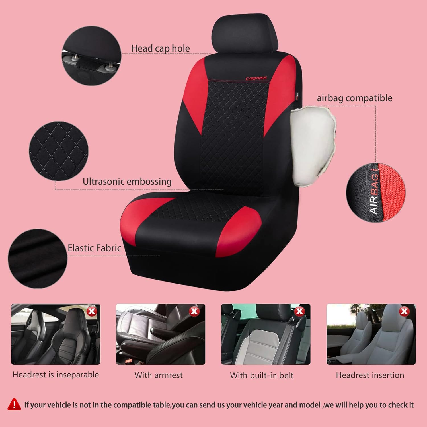 CAR PASS Juego completo de fundas de asiento de tela de estampado ultrasónico universal, color rojo, transpirable, con esponja compuesta de 0.197 in