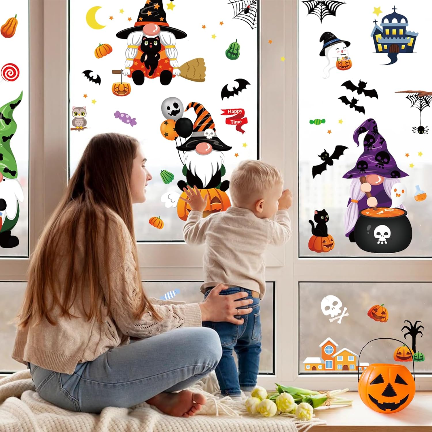 6 hojas de calcomanías de Halloween para ventana, 118 piezas reutilizables para decoración de ventanas de Halloween con brujas, calabaza,