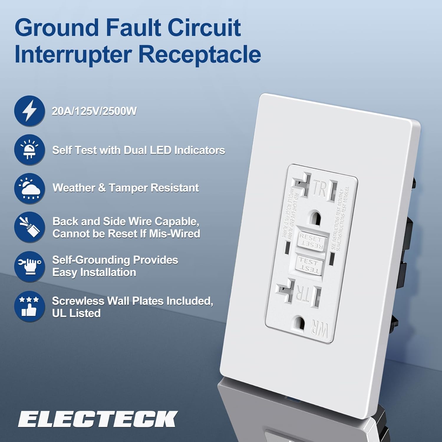 ELECTECK Paquete de 10 salidas GFCI de 20 amperios, a prueba de clima al aire libre (WR), receptáculos GFI de autoprueba con indicador LED,