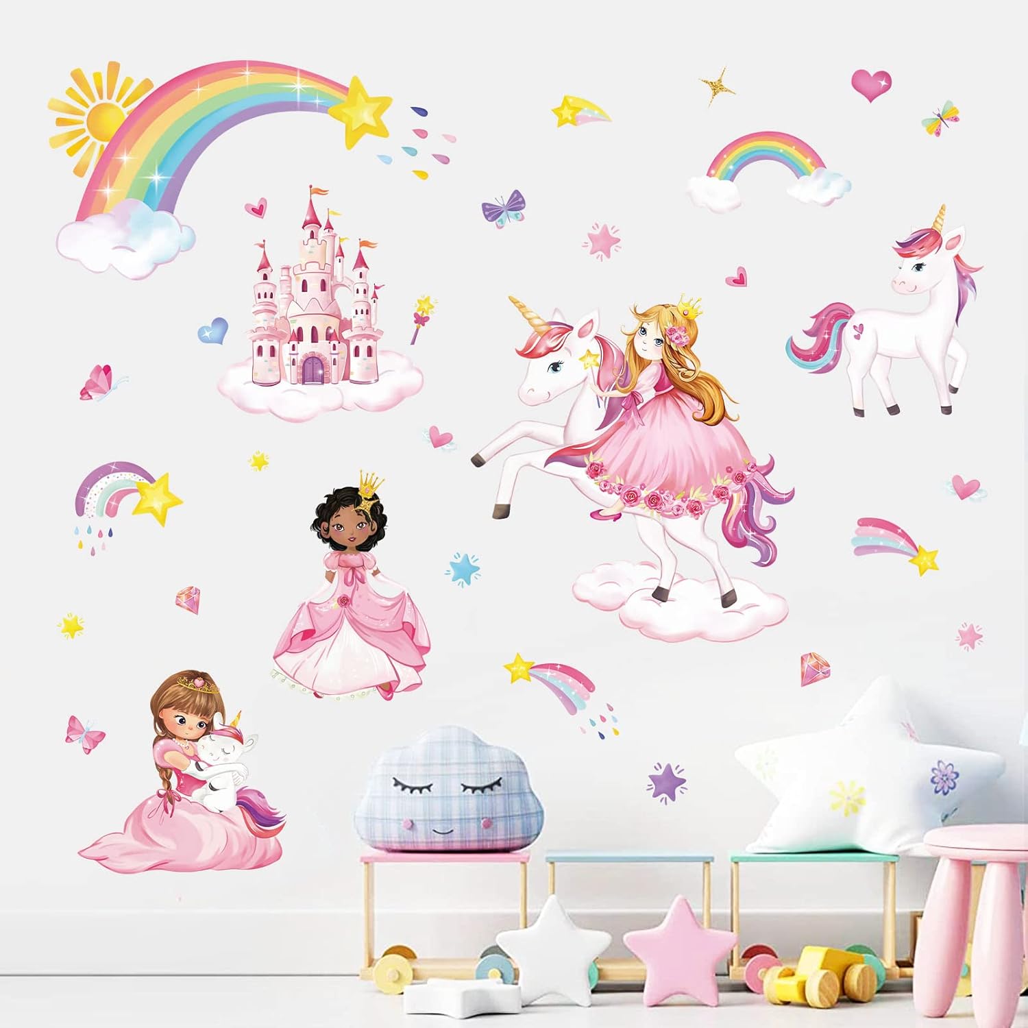 wondever Calcomanías de pared de unicornio de princesa, castillo, arco iris, calcomanías de arte de pared para dormitorio de niñas, habitación de