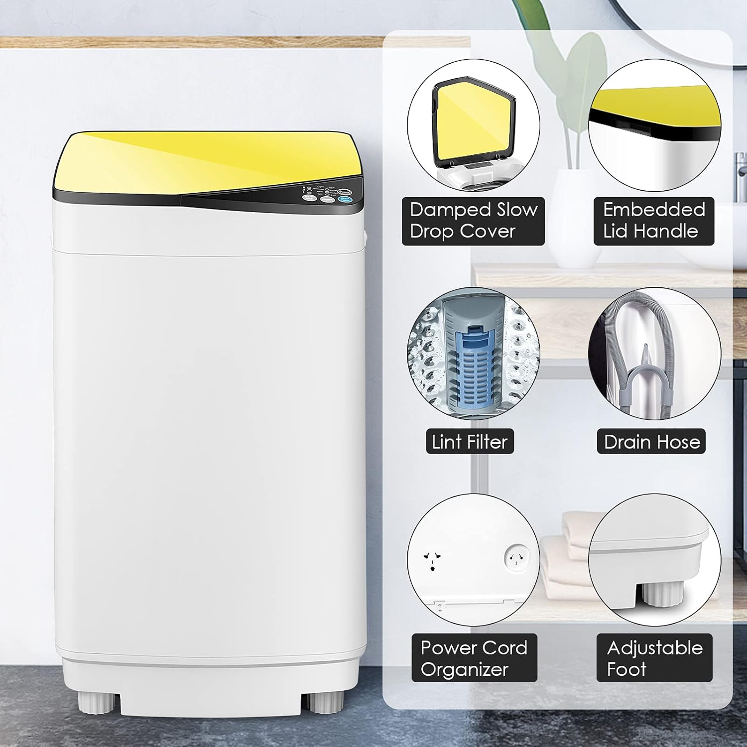 Casart – Lavadora portátil con capacidad de peso de 7.7 libras, lavadora y secadora completamente automática (amarillo y blanco)