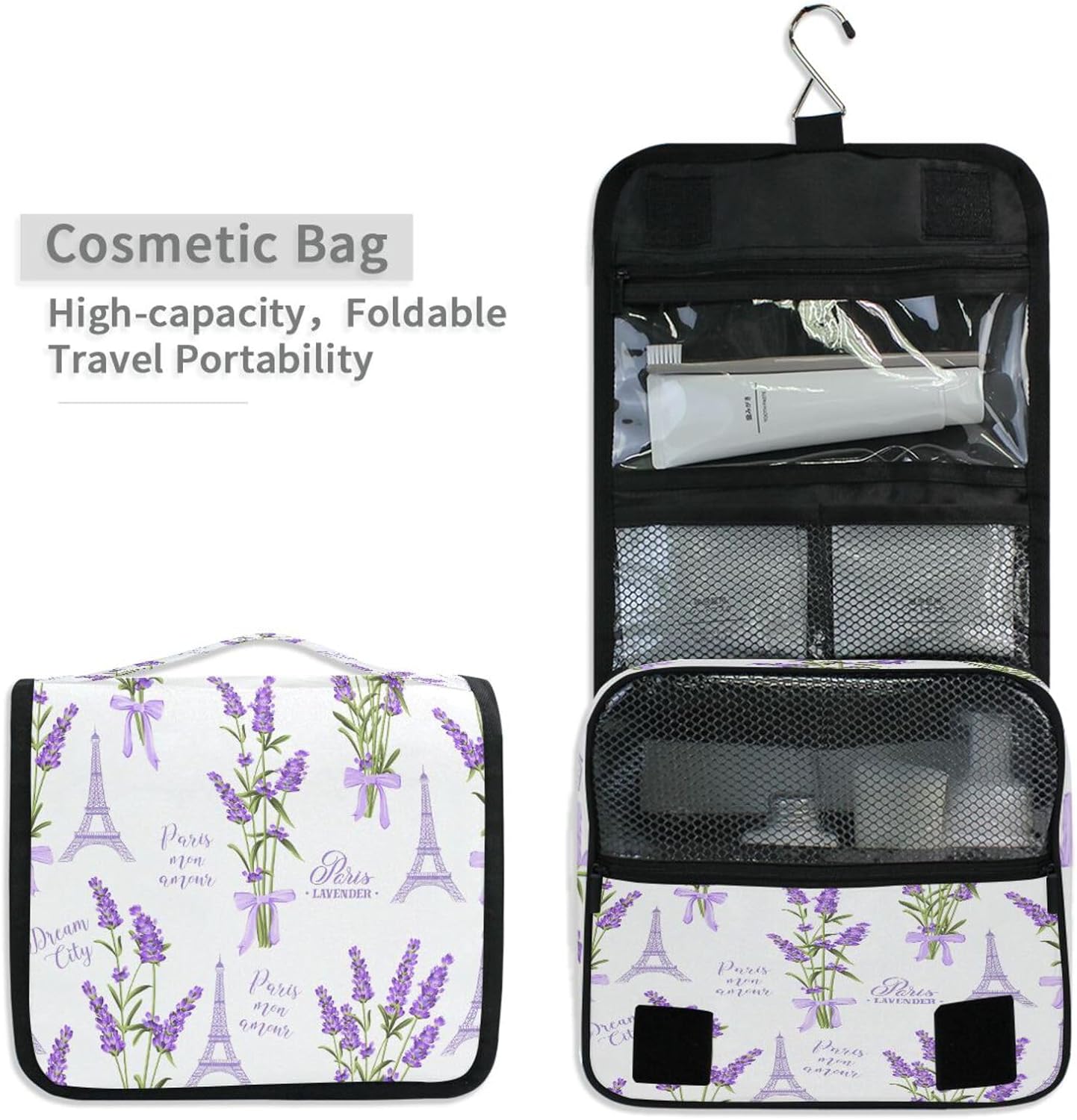 Neceser colgante, lavanda de París, Torre Eiffel, acuarela, hojas, palmeras, árbol, bolsa de maquillaje portátil, organizador de viaje para mujeres