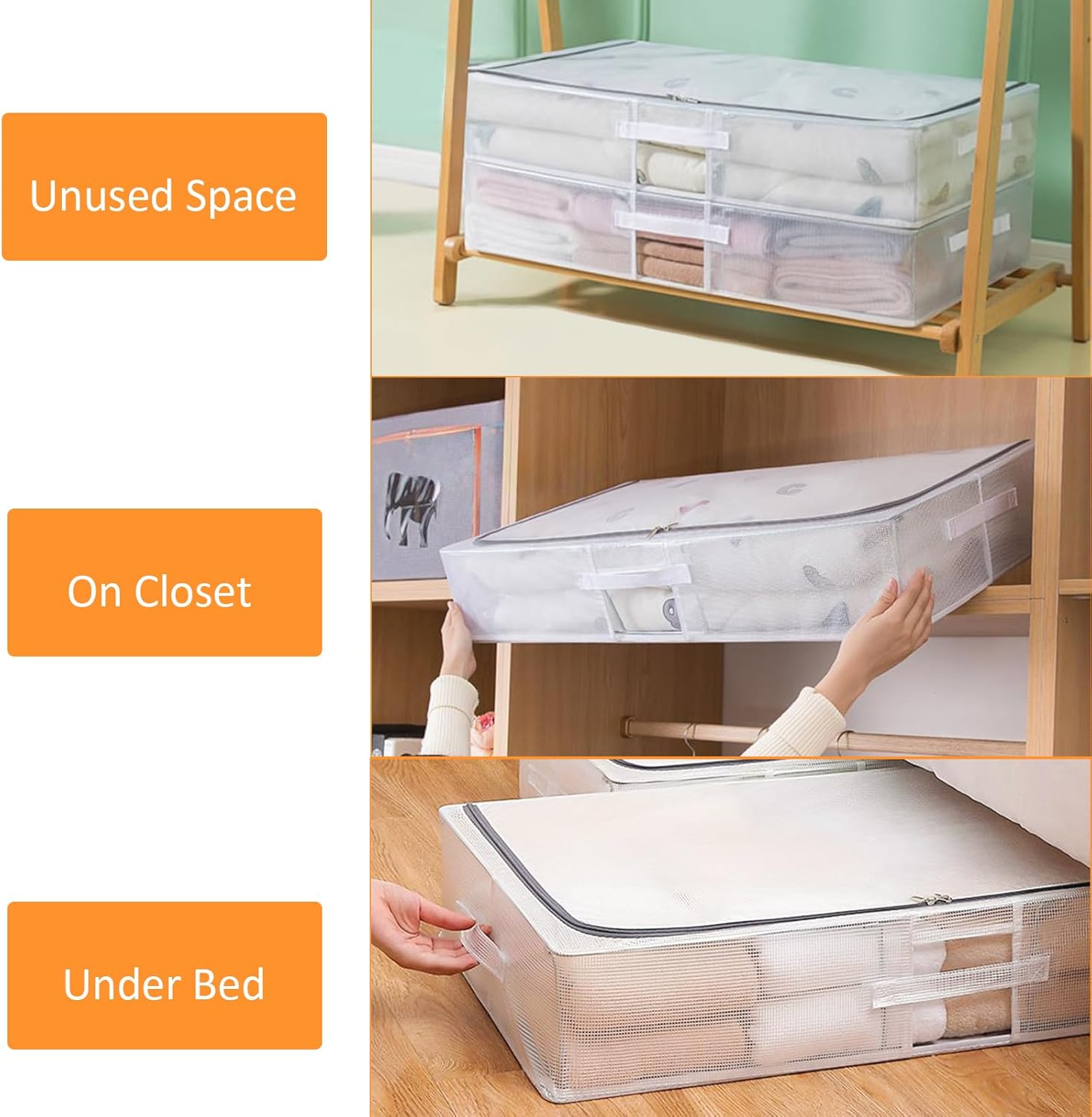 Contenedores de almacenamiento para debajo de la cama, paquete de 2, 30 litros de almacenamiento de ropa debajo de la cama con soporte interno