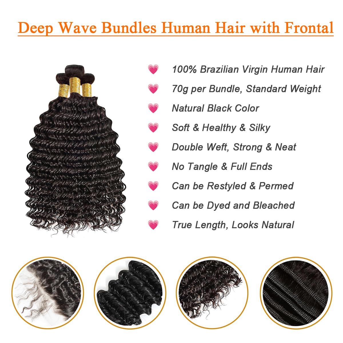 Weydlor Extensiones de ondas profundas con encaje frontal de 13 x 4, cabello humano de 18, 20, 22+16 pulgadas, 3 paquetes con encaje frontal, 100%