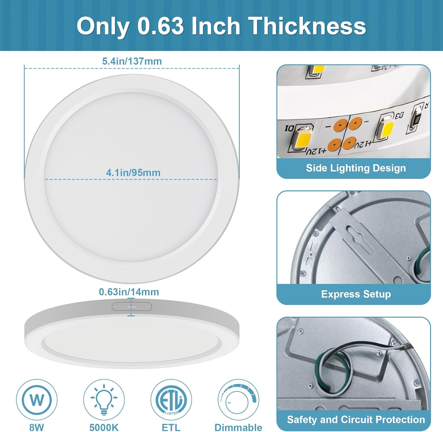 Lámpara de techo de montaje empotrado de 5 pulgadas, regulable, luz de techo LED blanca de 5000 K, lámpara de techo redonda ultra delgada para