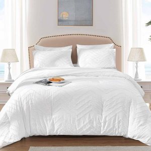 Nanko Juego de edredón de 7 piezas con sábanas, jacquard blanco copetudo, bohemio, suave, desgastado y elegante, juego de ropa de cama de microfibra Nanko Juego de edredón de 7 piezas con sábanas, jacquard blanco copetudo, bohemio, suave, desgastado y elegante, juego de ropa de cama de microfibra