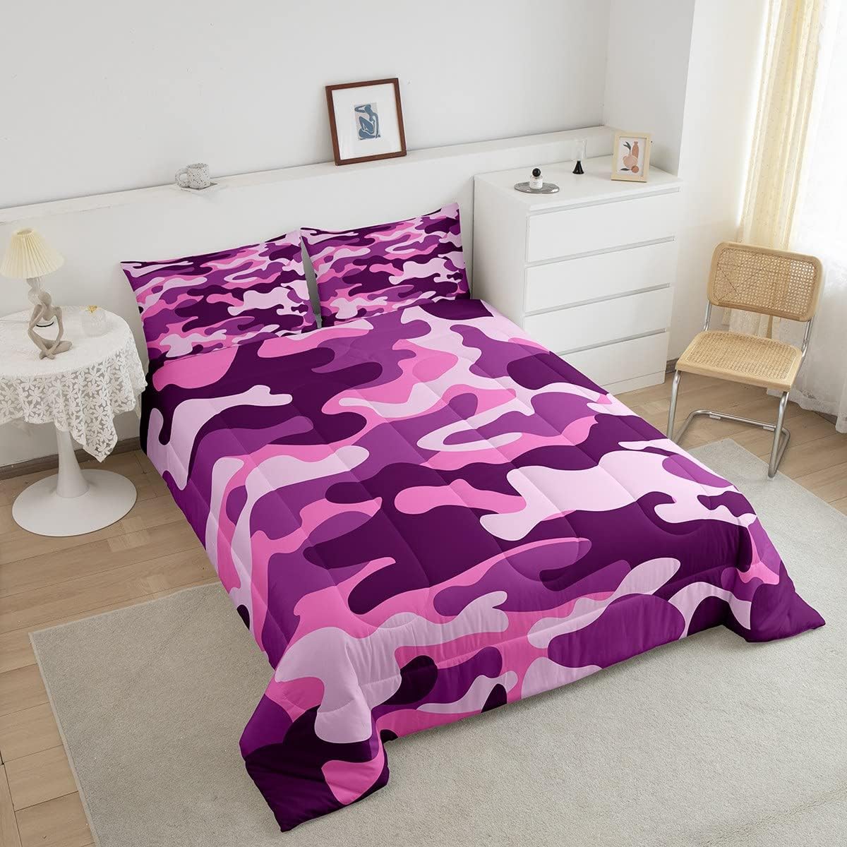 Erosebridal Juego de ropa de cama individual de camuflaje rosa y morado para niños, niñas y adolescentes, juego de edredón de camuflaje militar,