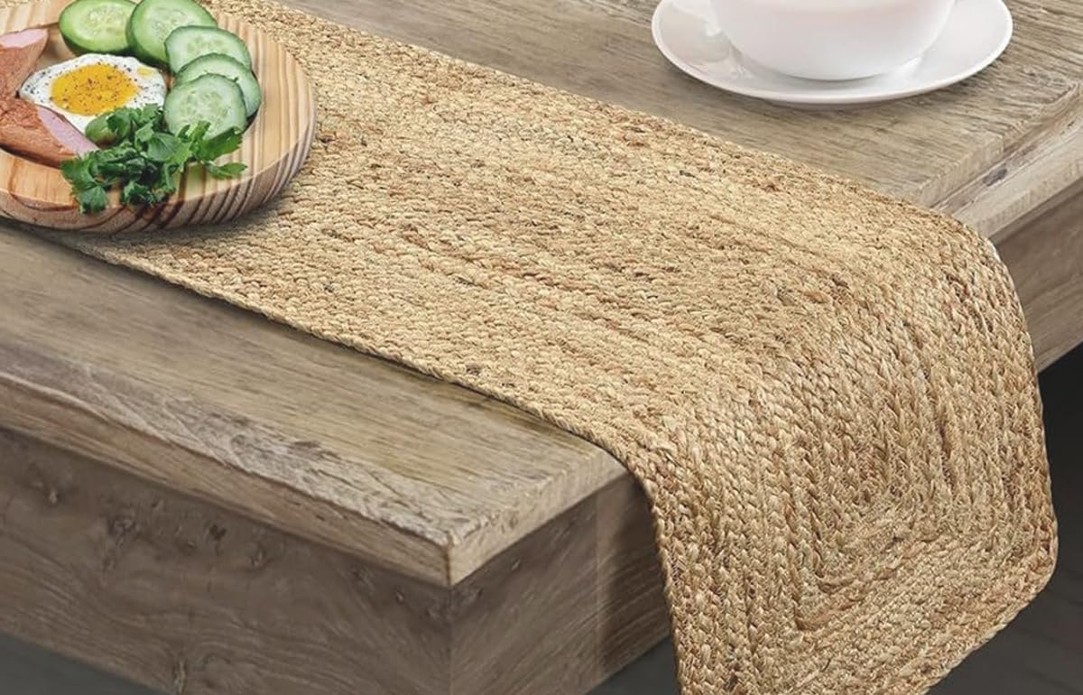 MDS – Paquete de 1 camino de mesa rectangular trenzado de yute tejido a mano de 13 x 36 pulgadas, 100% natural, reversible, rústico, vintage, camino