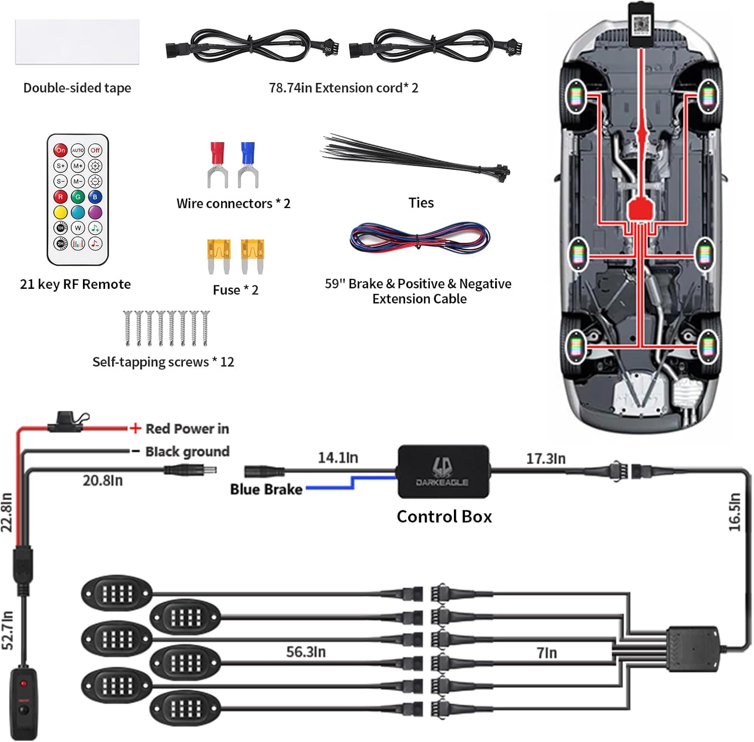 LD DARKEAGLE Chasing Dream – Luces LED Rock con control remoto APPRF, impermeables, 6 vainas, luces basculantes subterráneas con freno, multicolor,