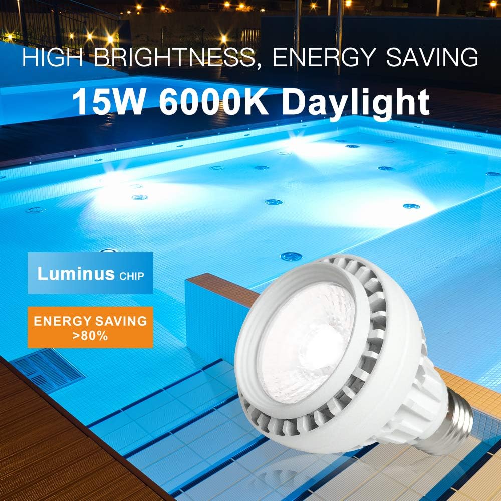 Allisable Bombilla LED de spa de 15 W, 1500 lúmenes, 120 V, 6000 K, luz diurna blanca LED para piscina, reemplaza hasta 100-300 W bombilla