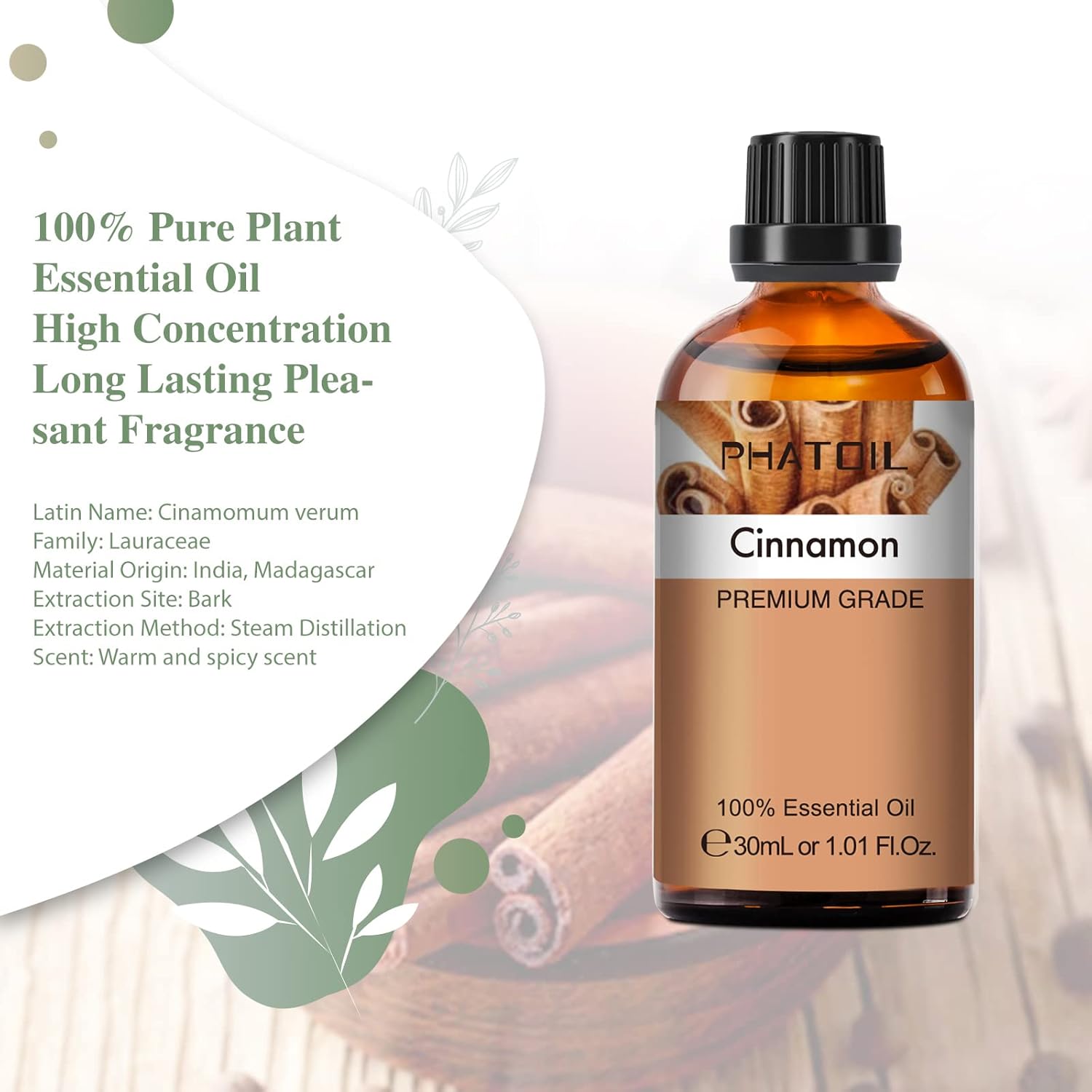 Aceite esencial de canela, 1.01 onzas líquidas (1.0 fl oz), aceite esencial puro de PHATOIL para difusores de aromaterapia, humidificadores, ideal