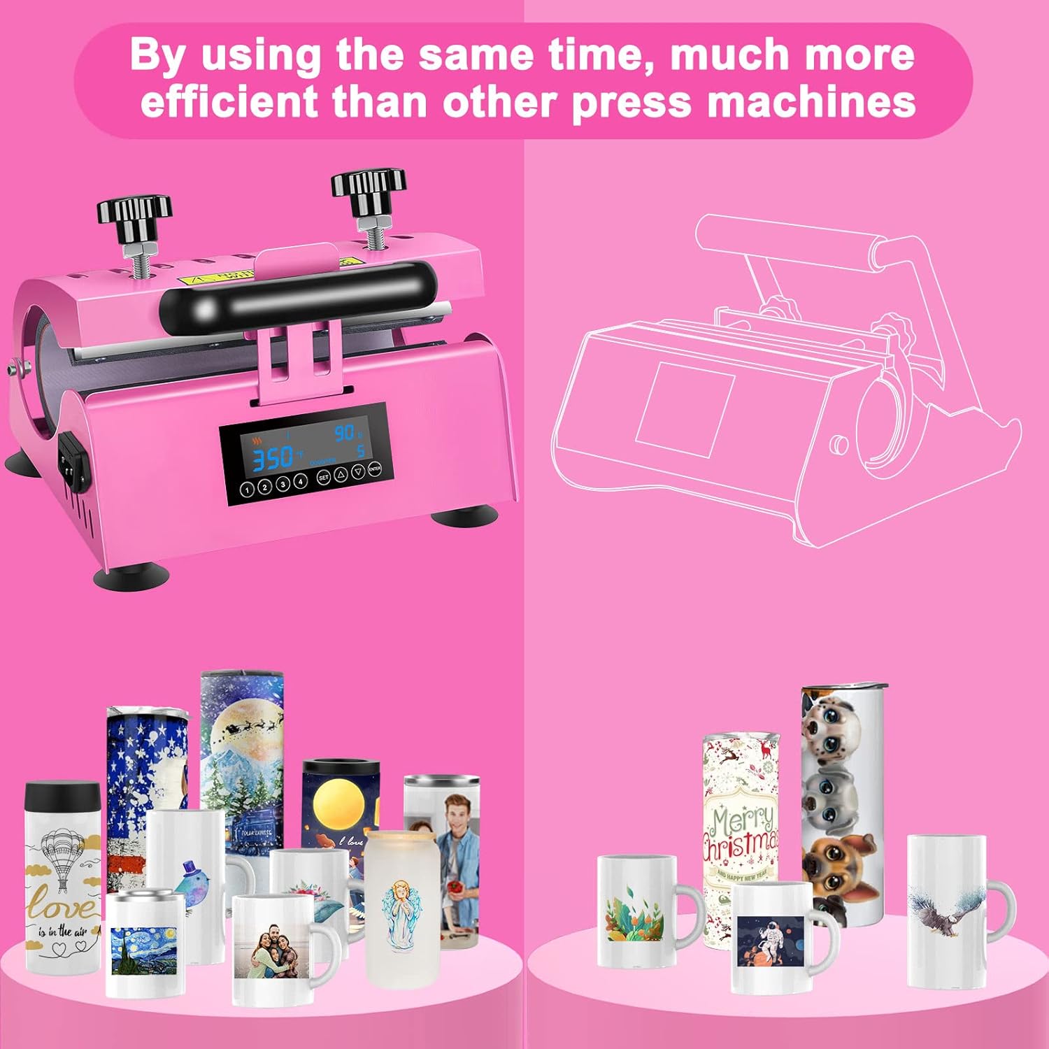 Máquina de prensa térmica de 30 onzas, color rosa con 4 modelos de memoria para sublimación de 10 a 30 onzas, vasos delgados para bricolaje, taza de