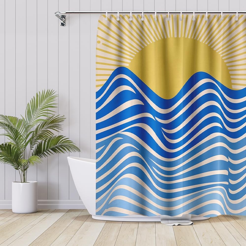 Cortina de ducha bohemia con paisaje marino abstracto, cortina de baño para baño, decoración de baño, juego de cortinas de ducha modernas con 12