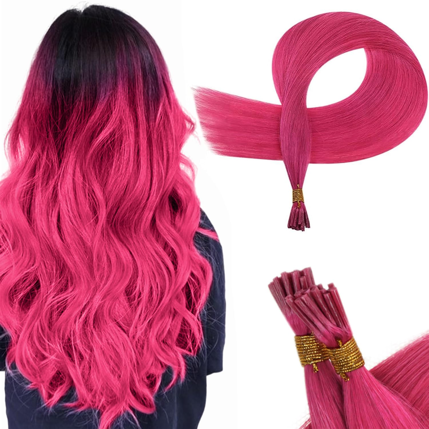 RUNATURE Extensiones de cabello humano rosa con punta en I de 20 pulgadas, extensiones de cabello rosa con punta en I, extensiones de cabello humano