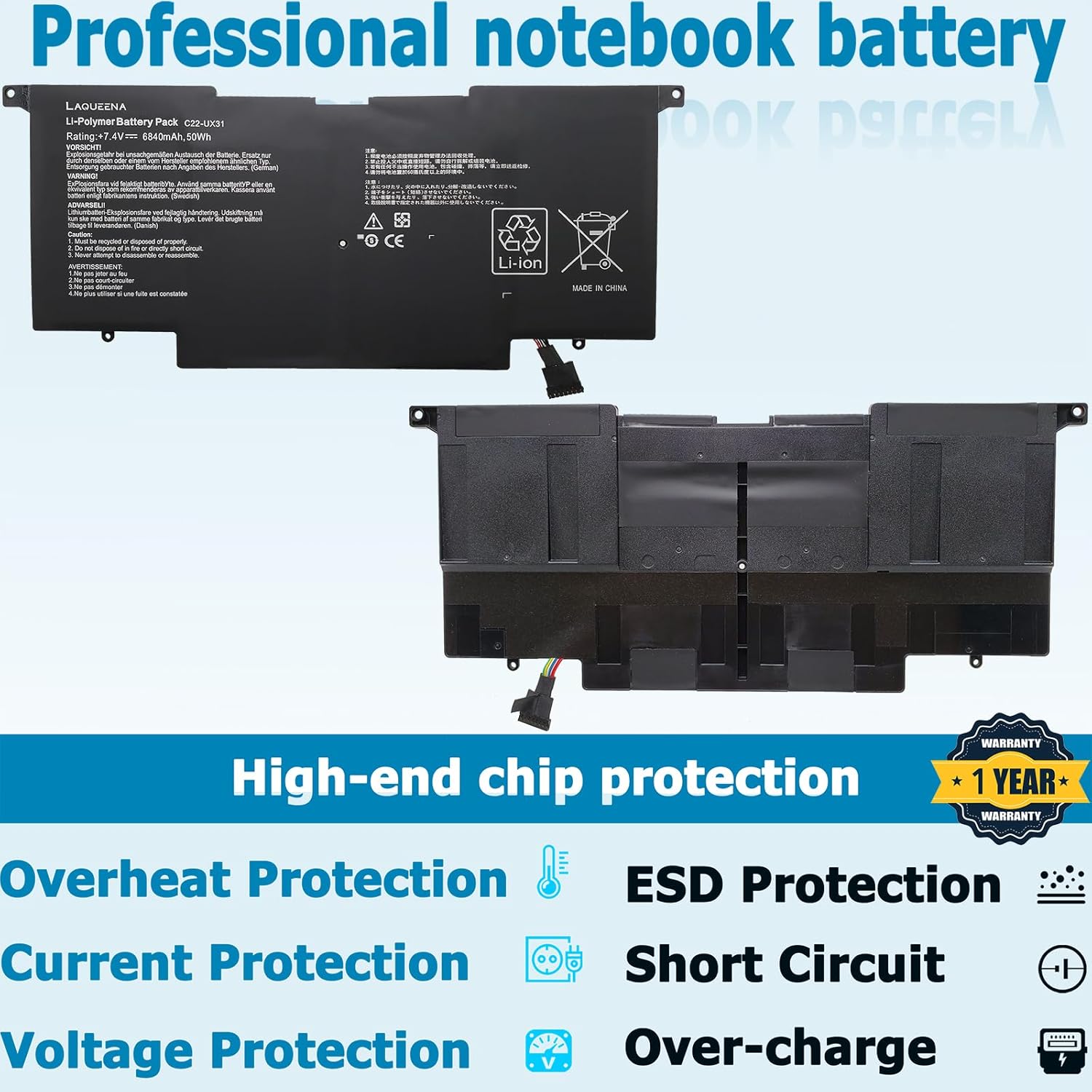 LAQUEENA C22-UX31 – Batería para portátil compatible con Asus (Zenbook) UX31A UX31E UX31 UX31A-R4004H UX31E-DH72 UX31KI3517A Ultrabook Series