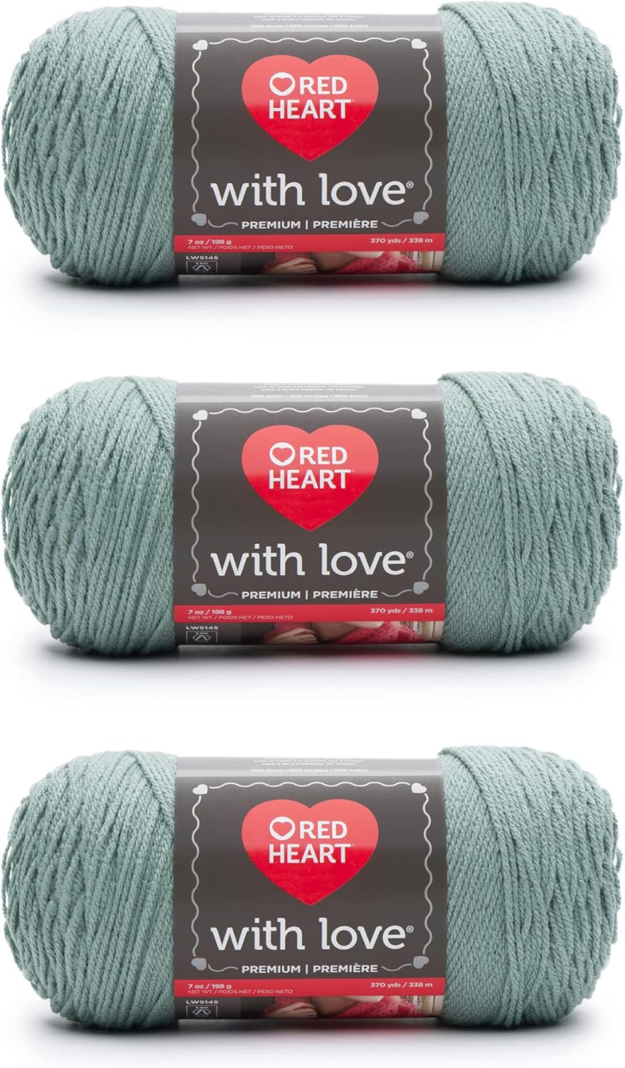Red Heart with Love Sage Yarn – Paquete de 3 hilos de 6.98 oz7 onzas, acrílico, 4 medianos (peinado), 370 yardas, tejidoganchillo