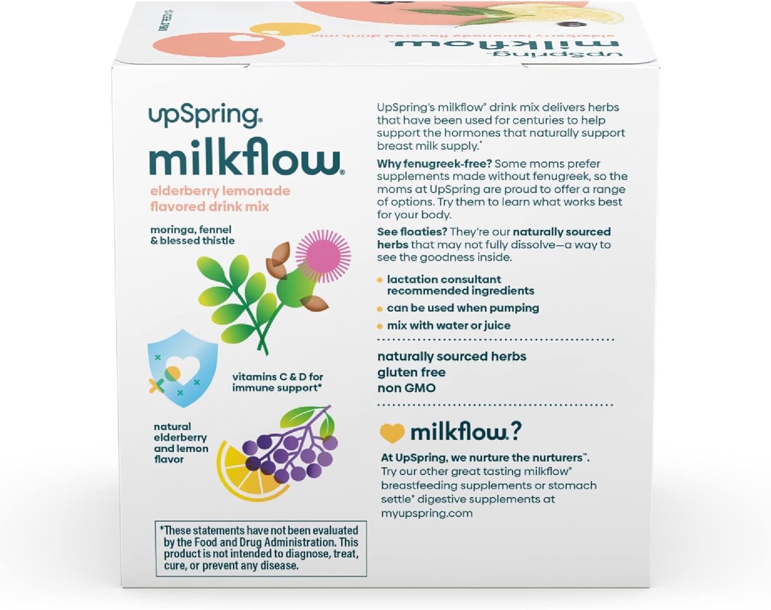 UpSpring Milkflow Suplemento de lactancia materna para apoyo inmunológico, mezcla de bebida sin fenogreco, moringa  sabor a limonada de saúco