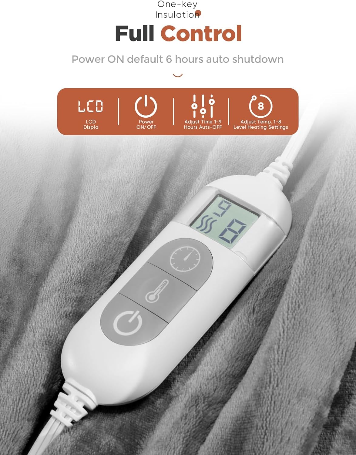 Manta térmica con temporizador de 1 a 9 horas de apagado automático y 8 niveles de calefacción, manta eléctrica de franela con certificación ETL,
