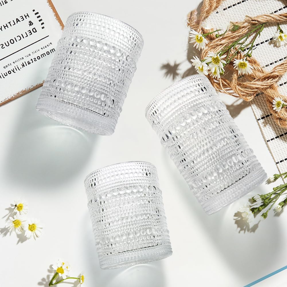 Juego de 6 vasos vintage para beber, 12 onzas, vasos de vidrio con relieve, juego de cristalería vintage para bebidas, jugo, whisky, cerveza,