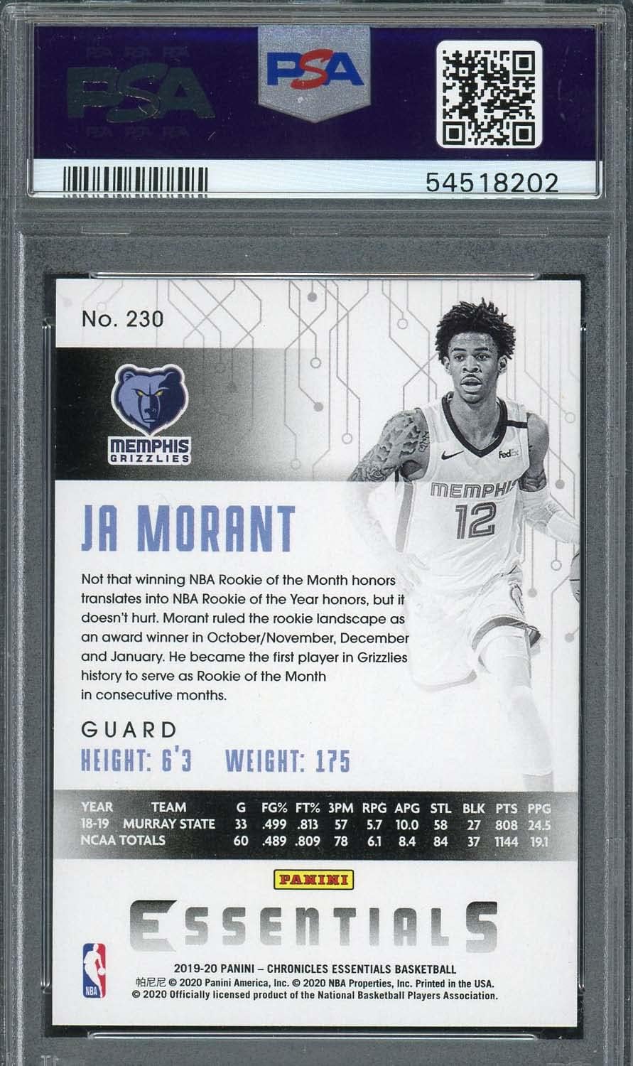 Ja Morant 2019 Panini Chronicles Basketball Rookie Card RC #230 Graded PSA 10
