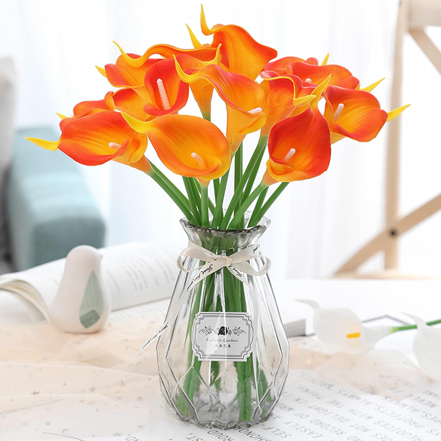 UKELER 20 flores artificiales a granel de color naranja y amarillo falsas para decoración del hogar, cocina, oficina, fiesta, boda, arreglo floral
