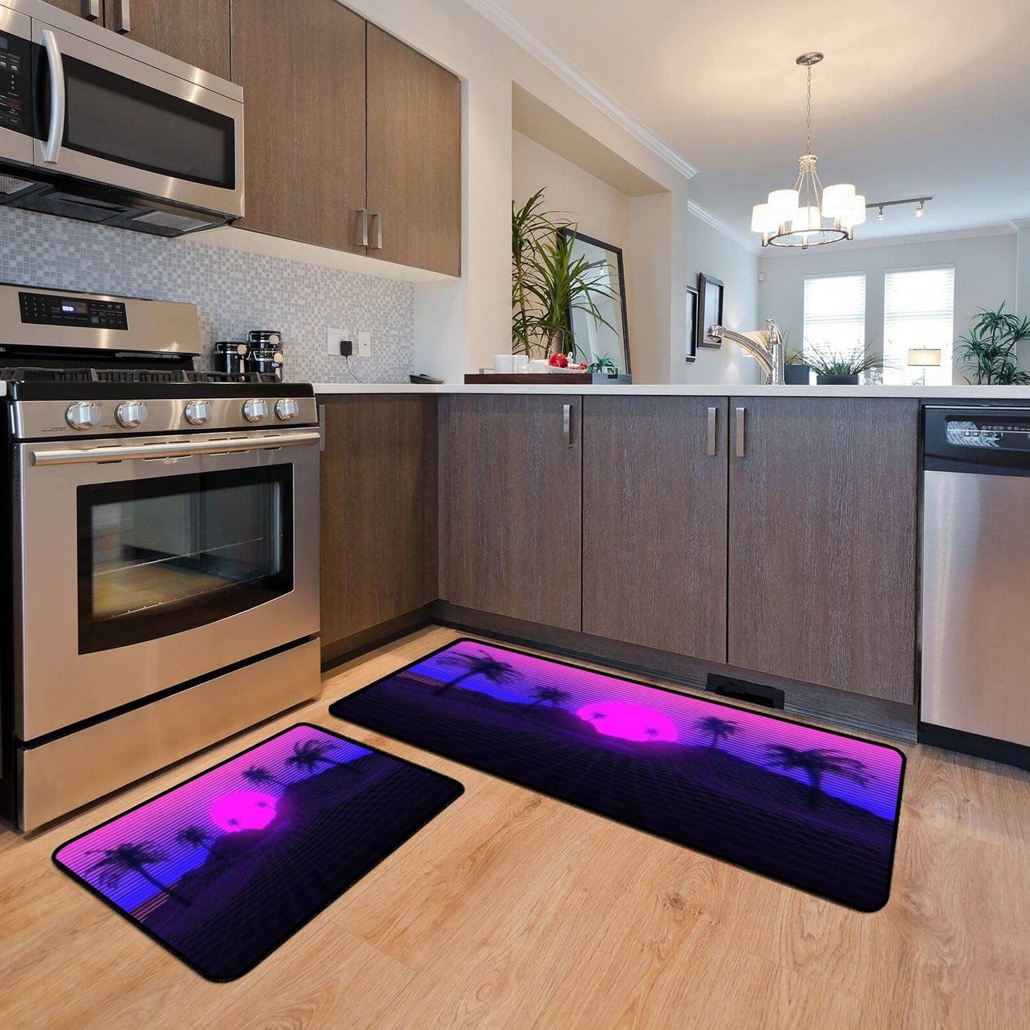 Juego de alfombras de cocina 3D inspirado en la escena de los años 80, synthwave y retrowave musical, tapete de cocina para piso, antideslizante,