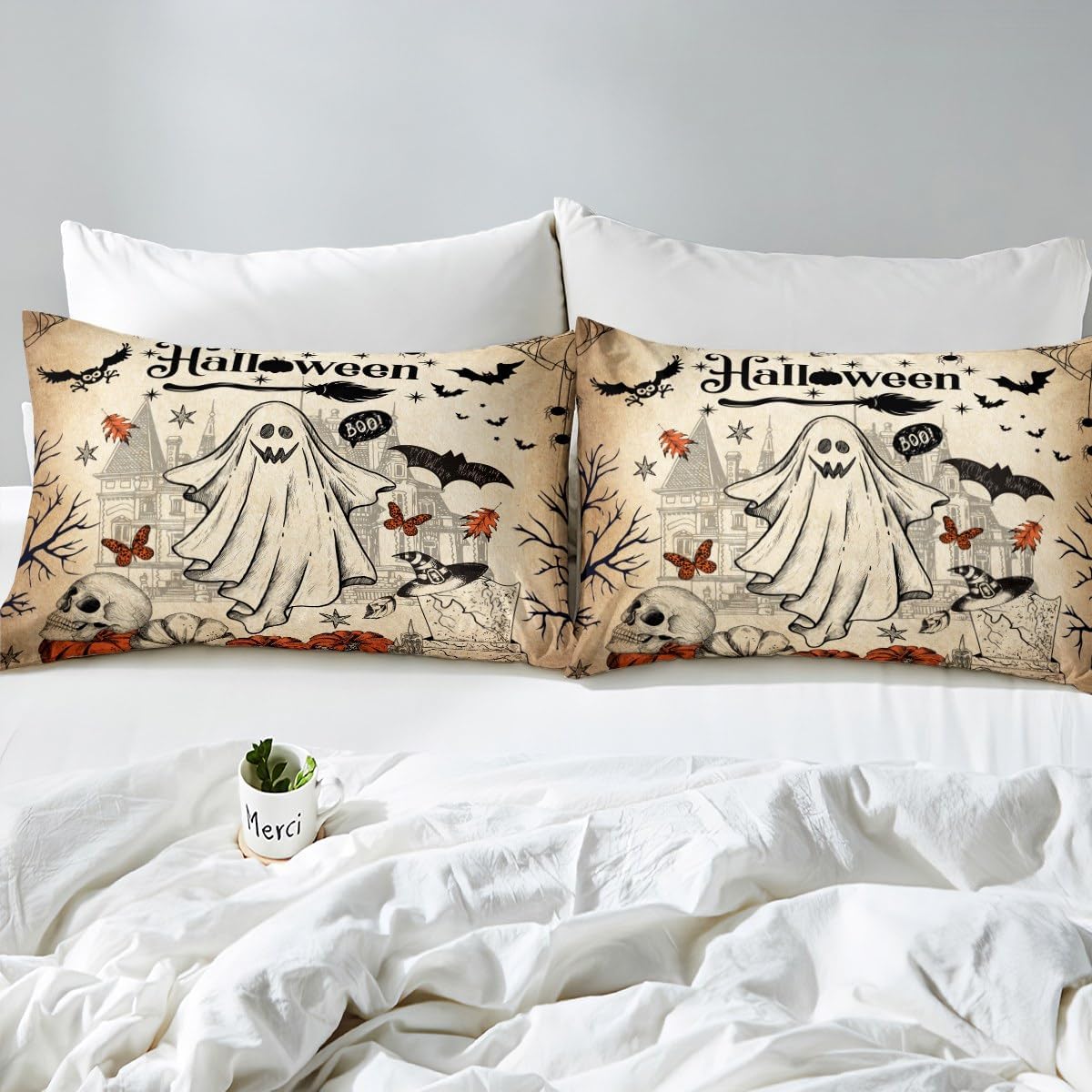 Lindo juego de funda de edredón de fantasma, tamaño individual para niños y niñas, juego de ropa de cama de calabaza y calavera de azúcar, funda de