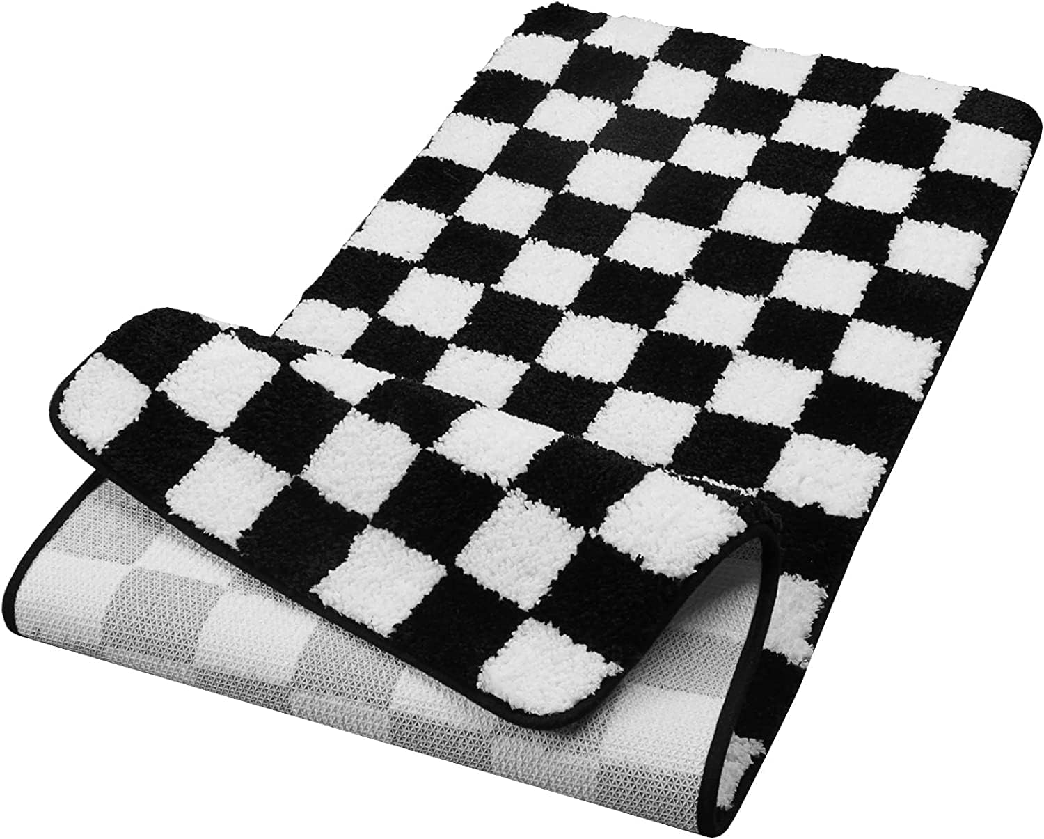 Uphome Alfombra de baño larga a cuadros en blanco y negro, antideslizante, absorbente de agua, alfombra de baño de microfibra suave, lavable a