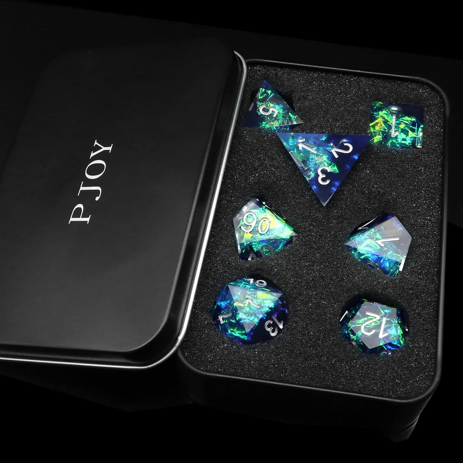 DND – Juego de dados con bordes afilados, 7 piezas de dados DND de resina transparente azul, dados poliédricos D&D con estuche de dados para juegos