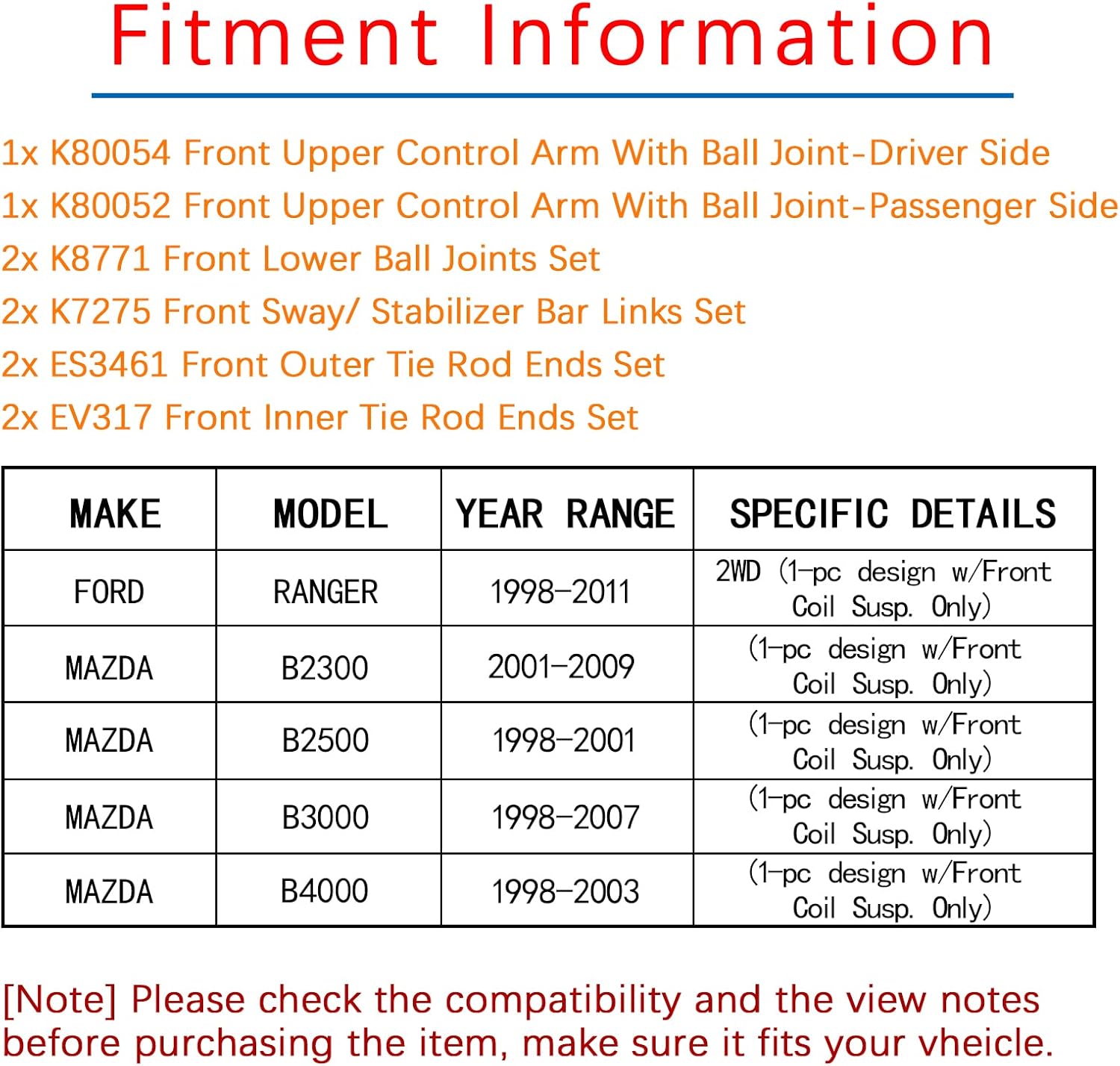 Kit de suspensión de brazo de control superior delantero de 10 piezas, compatible con Ranger 1998-2011 2001-2009 Mazda B2300 incluido, rótula+barra