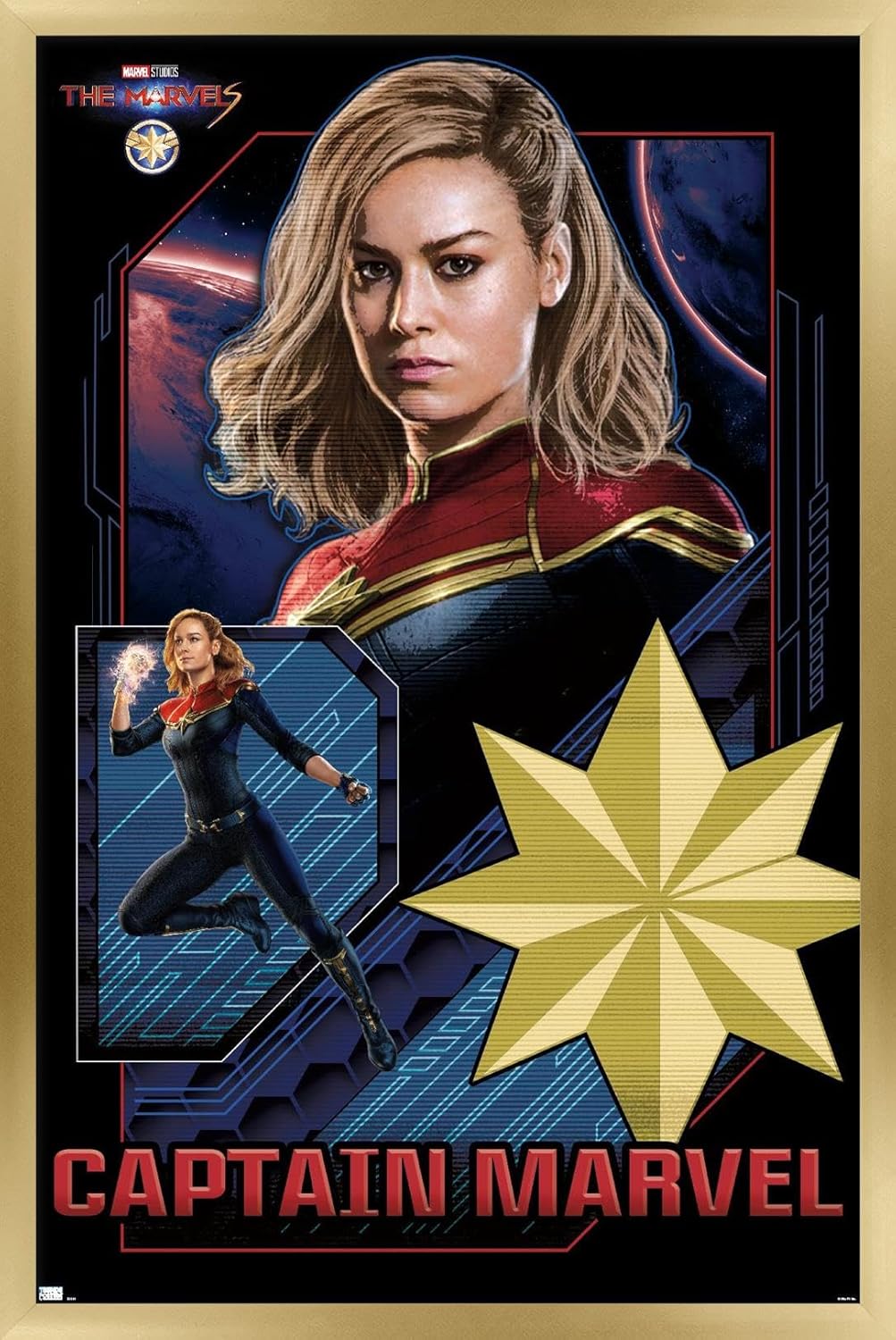 Trends International Marvel The Marvels – Póster de pared del Capitán Marvel, 14.72 x 22.37 pulgadas, versión enmarcada en oro