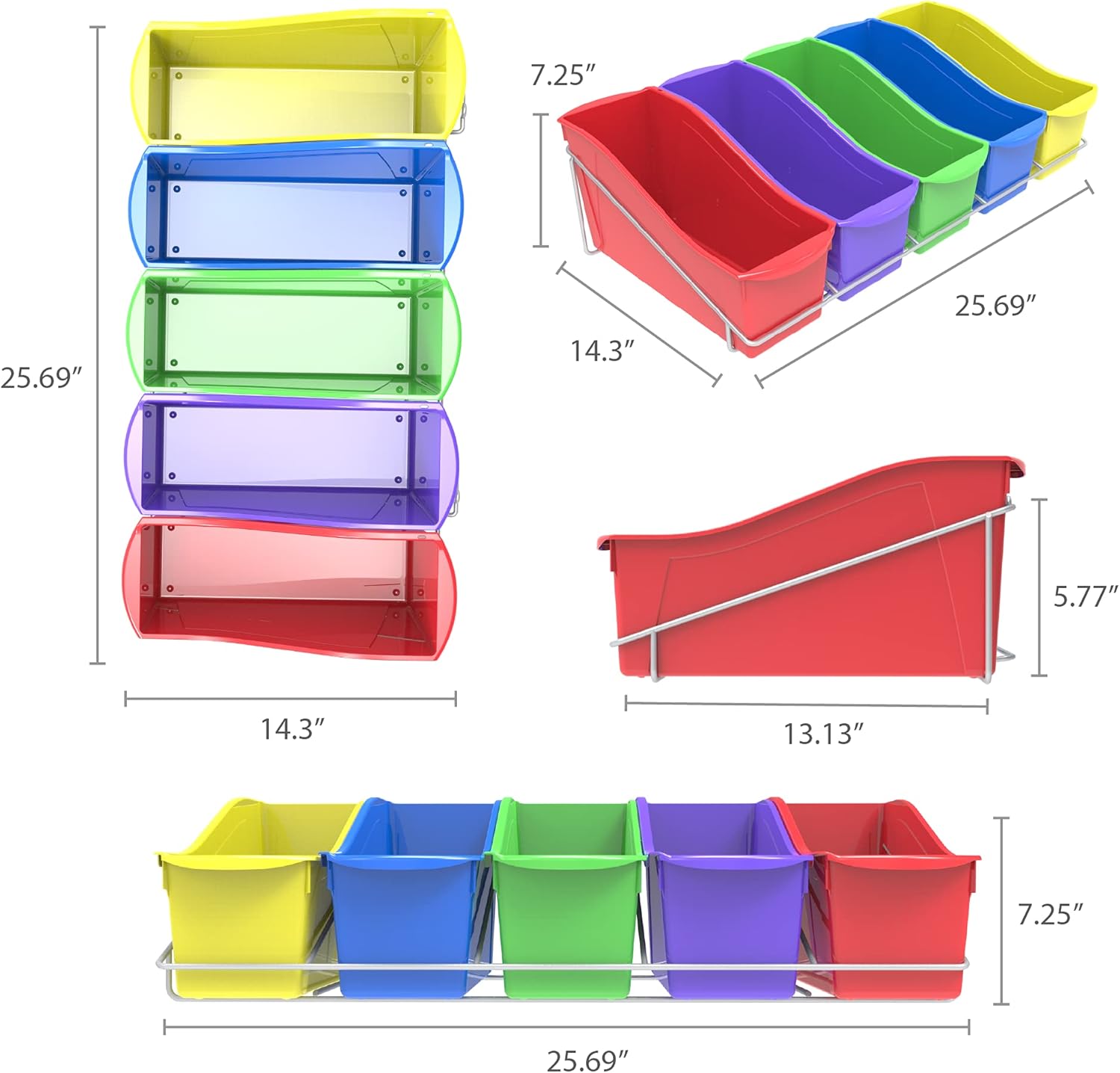 Storex Juego de 5 contenedores grandes para libros, estante de metal incluido, varios colores (71125U01C)