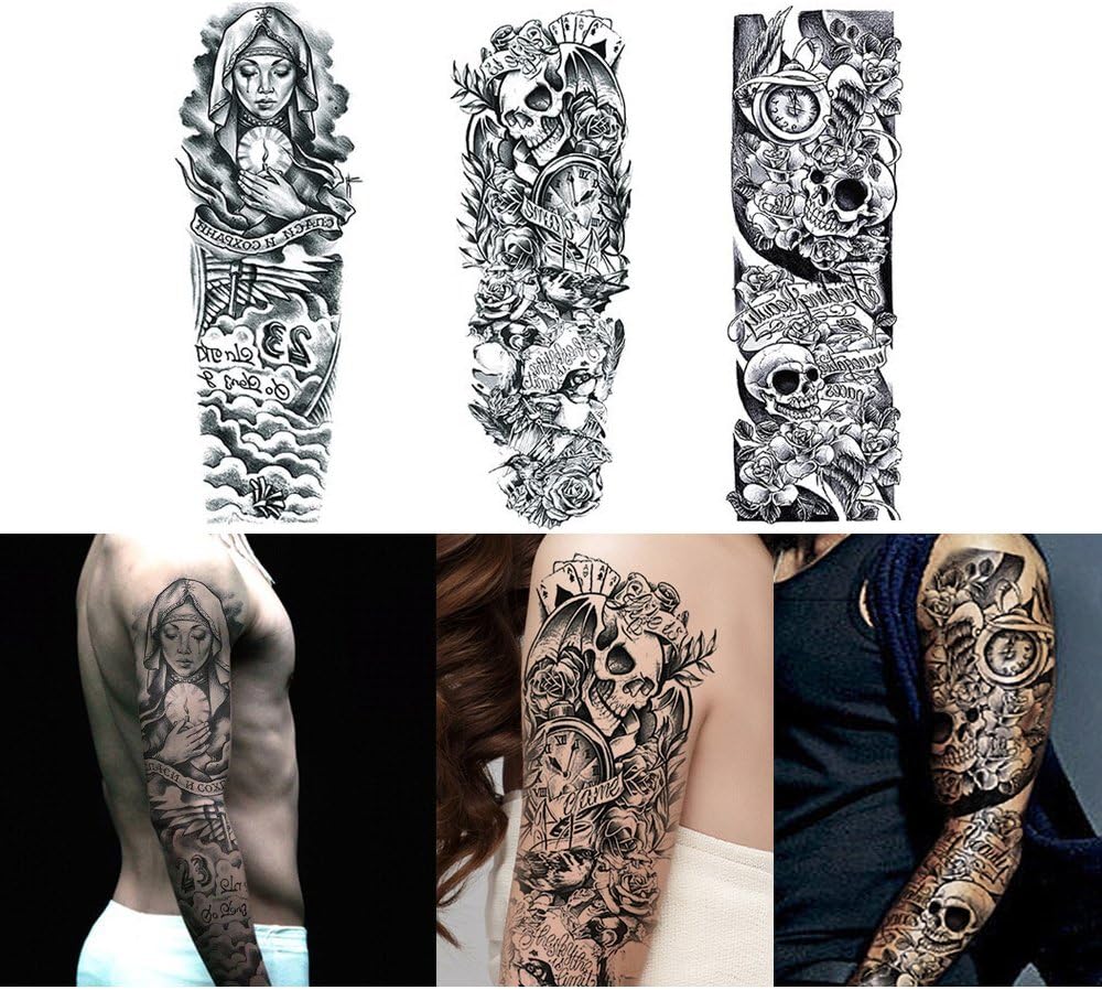 Juego de 8 hojas de tatuajes falsos temporales extra grandes de 18.9 x 6.7 pulgadas para hombres y mujeres, calcomanías de tatuaje de brazo