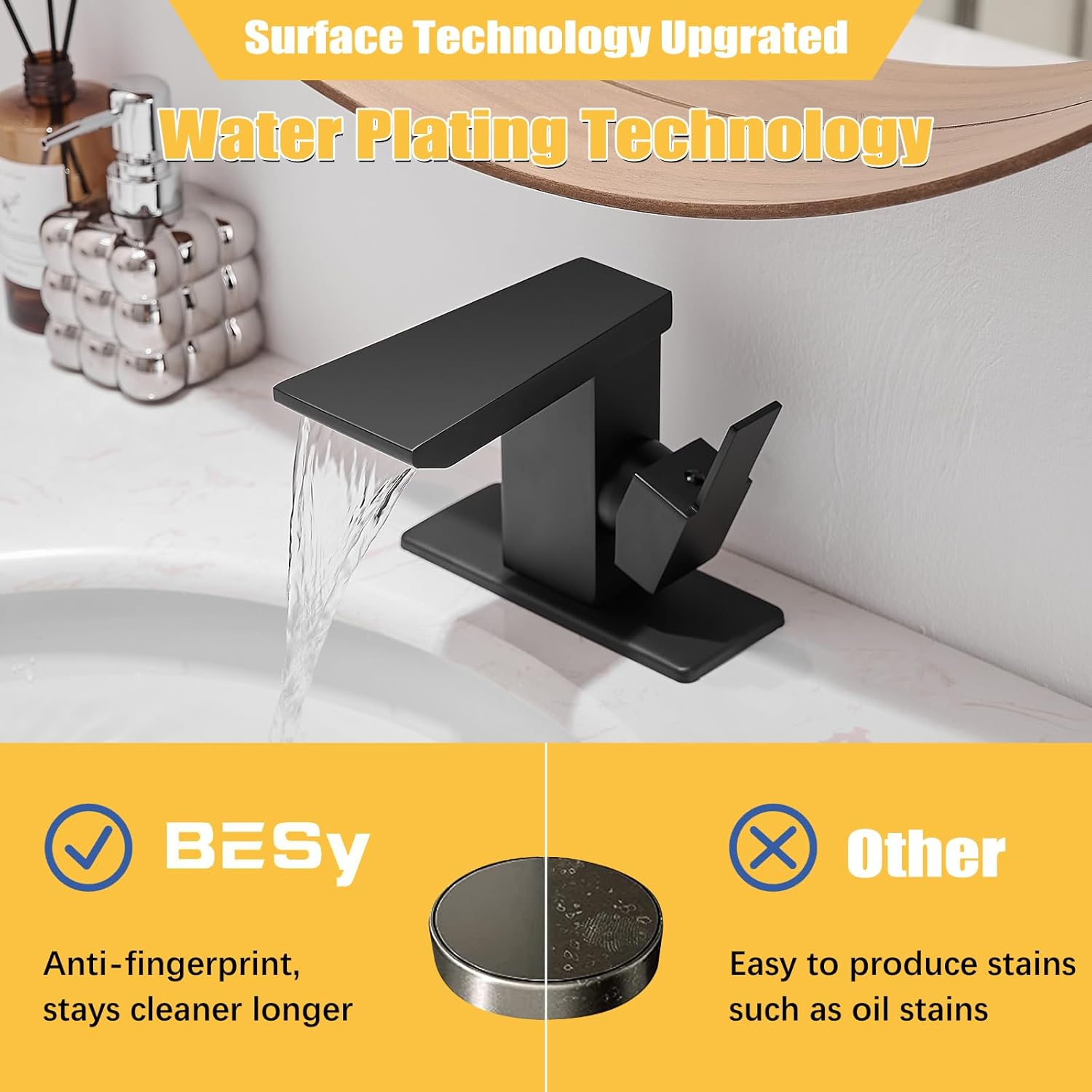 BESy Grifo de baño negro con boquilla de cascada de acero inoxidable, 1 agujero y 3 agujeros, grifo de lavabo de baño de una sola manija, grifo de
