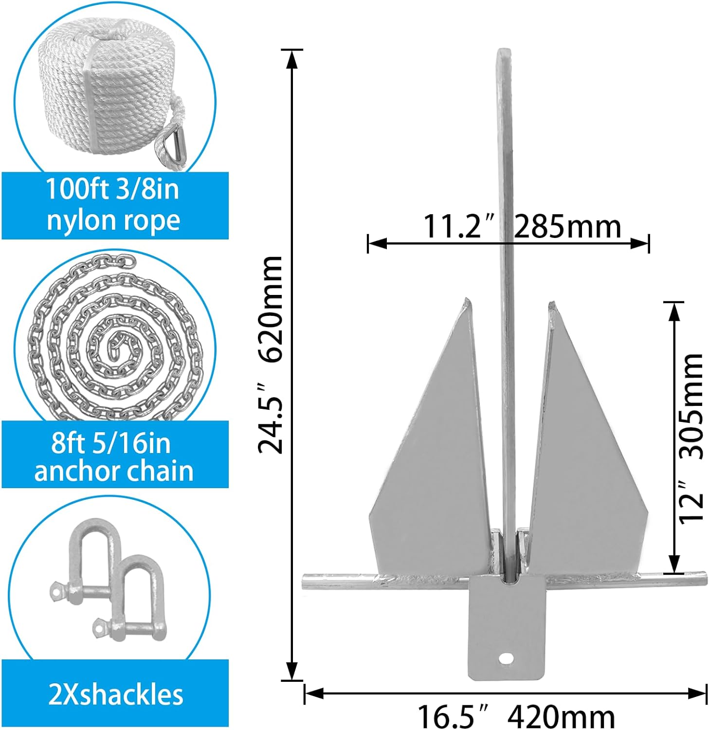 ISURE MARINE Boat Fluke Style – Kit de anclaje de acero galvanizado de 13 libras, incluye ancla, cuerda, cadena y grilletes