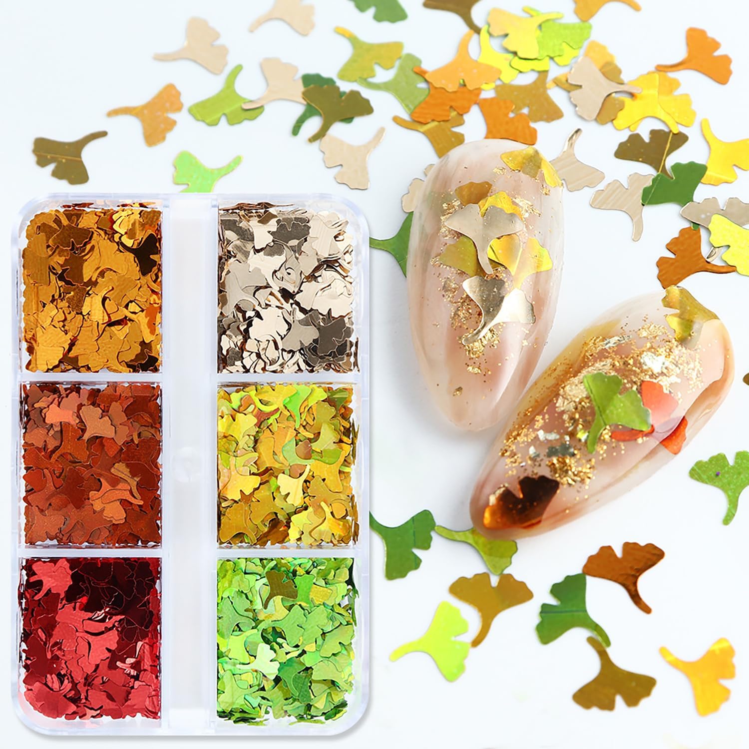 Acción de Gracias, otoño, 3D, Ginkgo Biloba, lentejuelas con purpurina, 6 colores mezclados de hojas de otoño con purpurina para uñas de otoño para