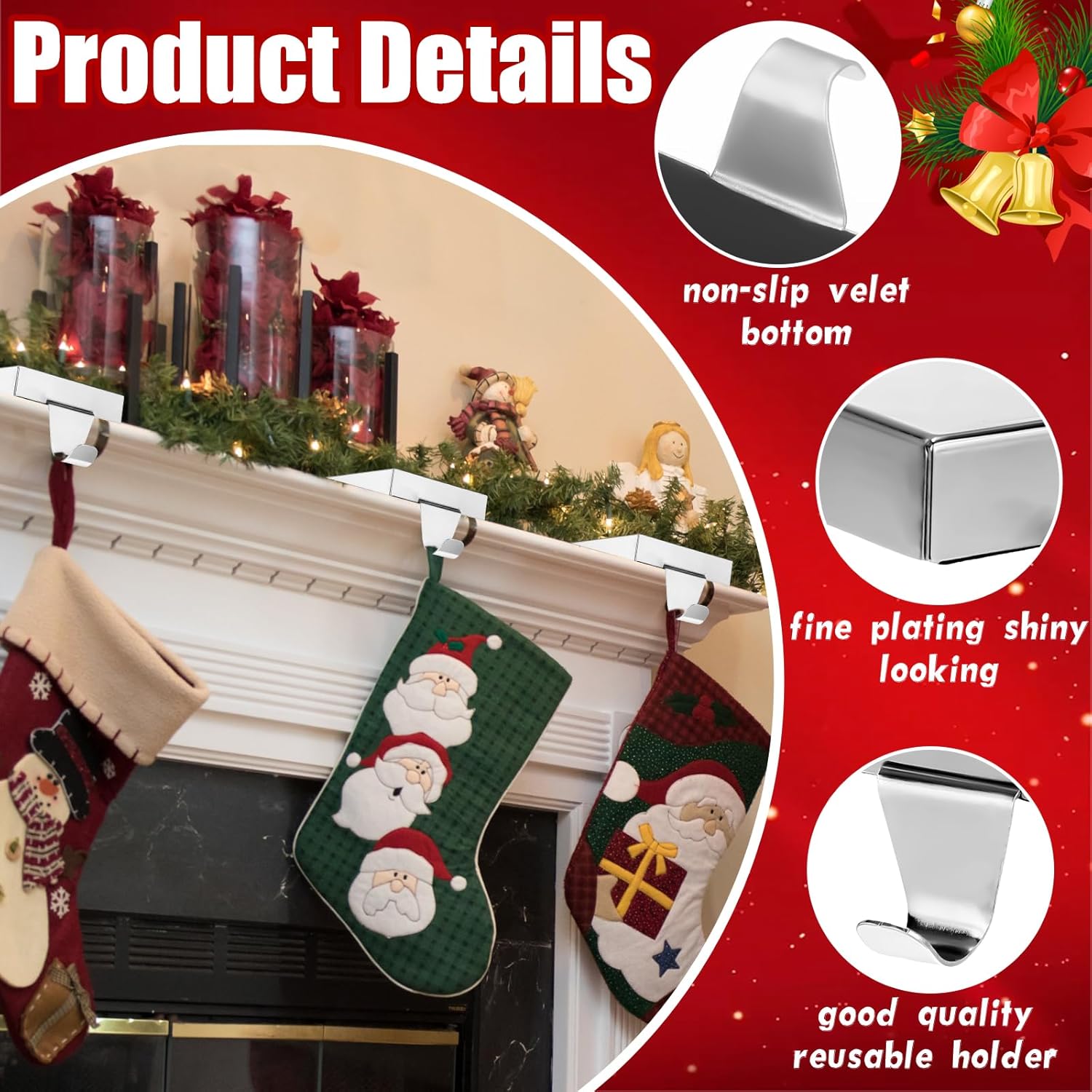 Zonon Soportes de calcetines de Navidad de metal para manto, ganchos colgantes para calcetines de Navidad, soporte para calcetines para vacaciones,