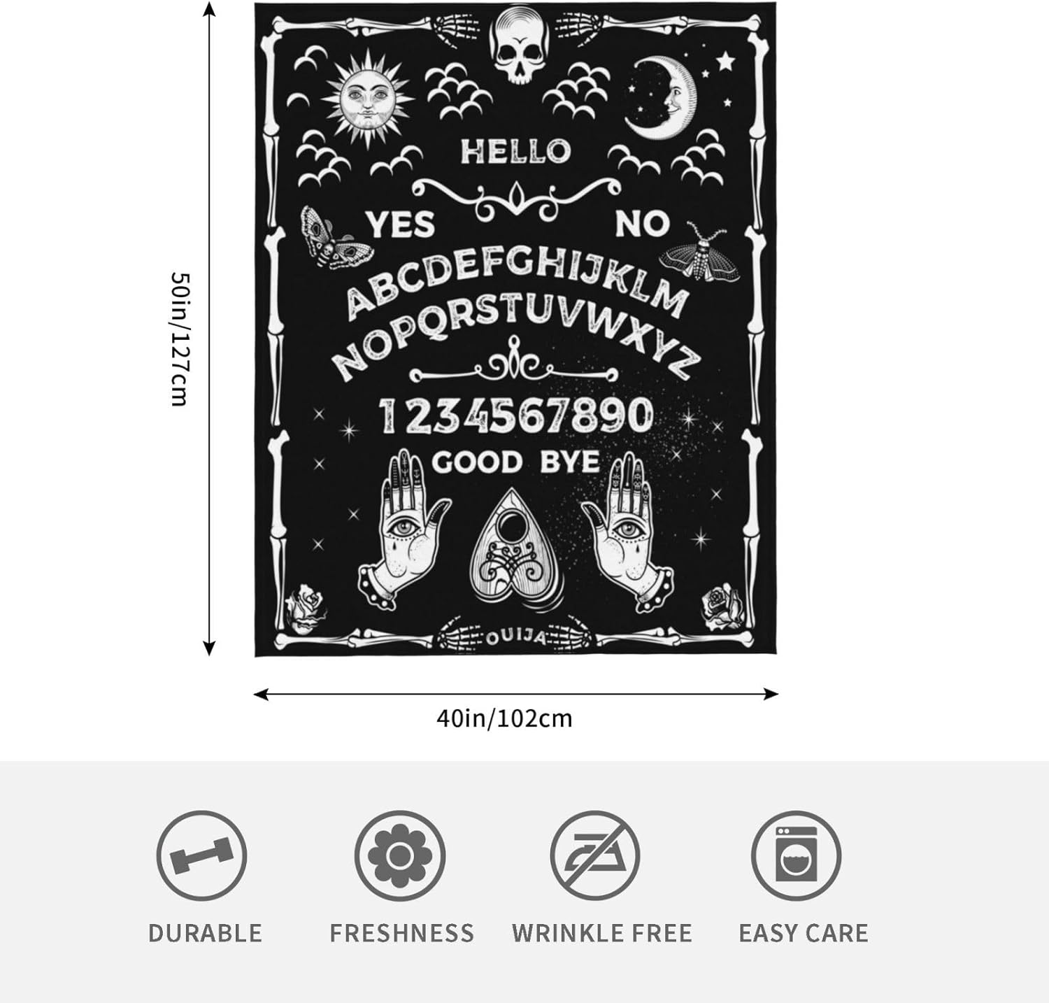 Manta gótica Ouija divertida de terror con diseño de calavera, sol, luna, bruja, negra, para adultos y niños, ropa de cama gótica de Halloween,