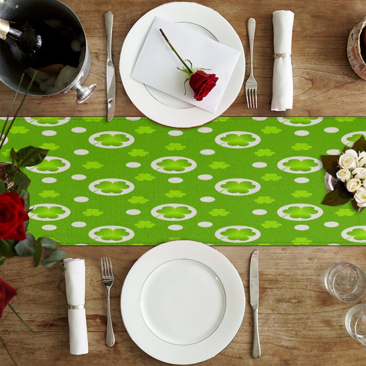 Table Runner St. Patrick’s Day Clover Pettern, Rustic Linen Table Cloth, Kitchen Dining Table Decoration for Home Party Decor 13 x 48 Inches