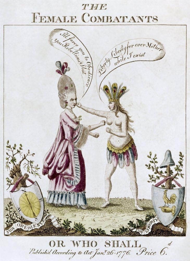 Caricatura de guerra revolucionaria NThe Female Combatants – Or Who Shall English Cartoon 1776 sobre la guerra entre Estados Unidos e Inglaterra (18