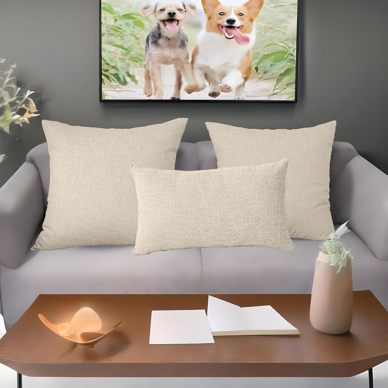 FULDGAENR Juego de 2 fundas de almohada de lino flameado de 12 x 20 pulgadas para sofá y sillón, textura rústica beige, fundas de almohada