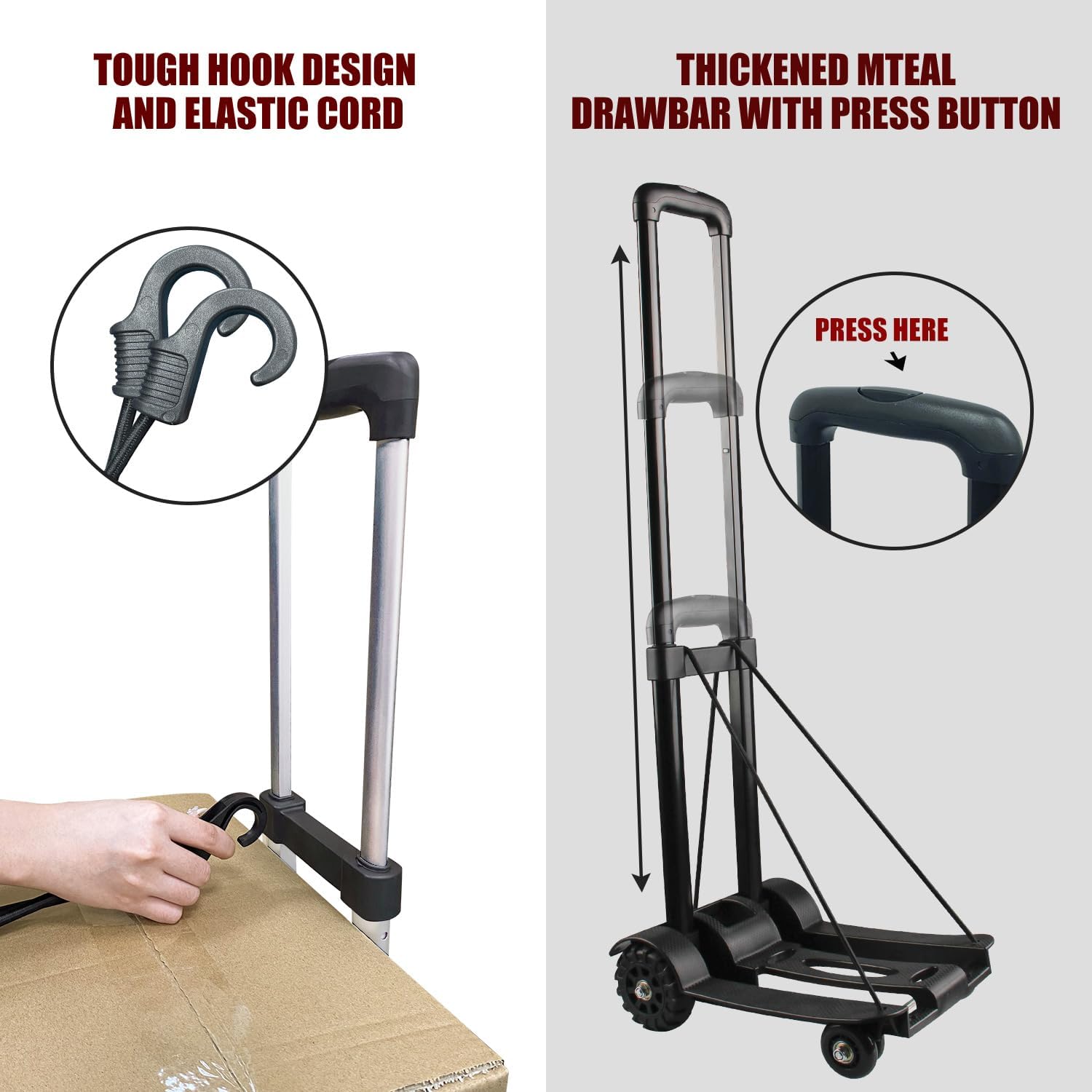 Camión de mano plegable, carrito de equipaje resistente de 270 libras con cuerda elástica y mochila con cordón, carrito de plataforma portátil con 4